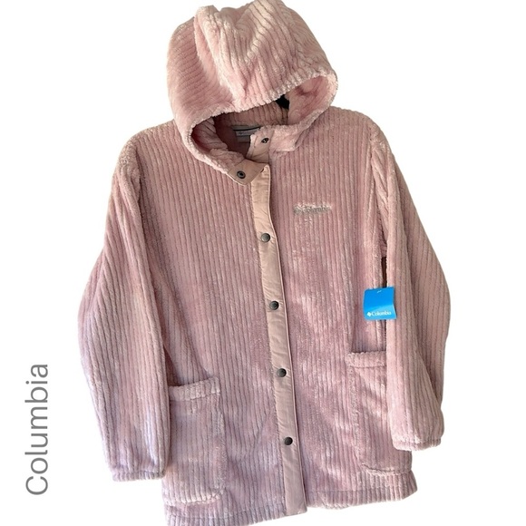 NWT COLUMBIA LONG PINK FIRESIDE SHERPA JACKET SNAP FRONT HOOD | LARGE 14-16 - Picture 1 of 11